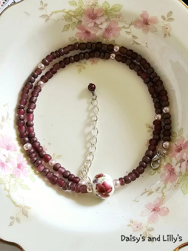 Plum Rose and Pearls Necklace