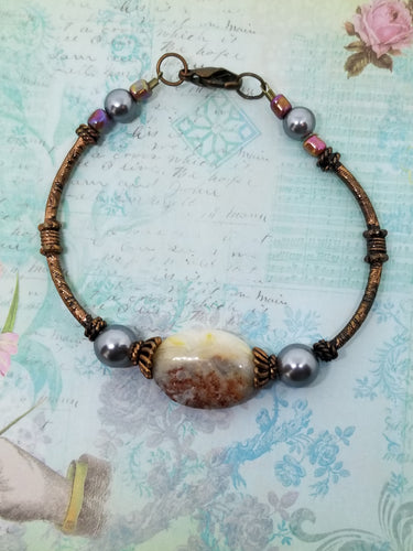 Antique Copper Stone and Pearl Bracelet