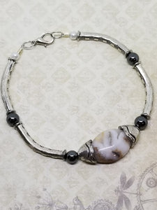 Silver Hazy Gray Stone and Pearl Bracelet