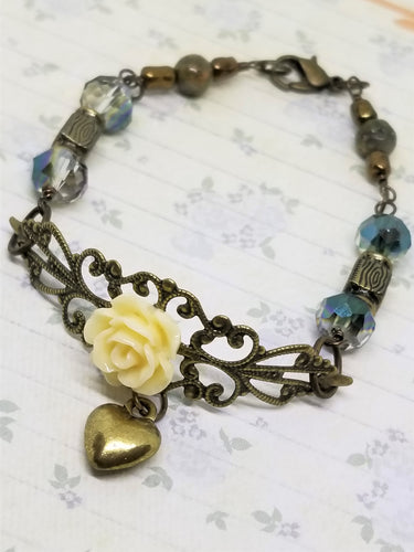 Antique Heart and Ivory Flower Bracelet