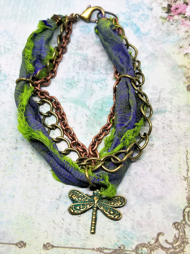 Dragon Fly Cloth and Chain Bracelet