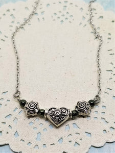 Silver Heart and Roses Necklace