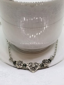 Silver Heart and Roses Necklace